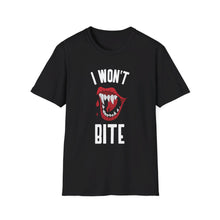 Load image into Gallery viewer, I Won't Bite Vampire Teeth Halloween Soft T-Shirt