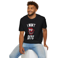 Load image into Gallery viewer, I Won&#39;t Bite Vampire Teeth Halloween Soft T-Shirt
