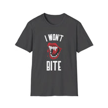 Load image into Gallery viewer, I Won&#39;t Bite Vampire Teeth Halloween Soft T-Shirt
