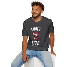 Load image into Gallery viewer, I Won&#39;t Bite Vampire Teeth Halloween Soft T-Shirt
